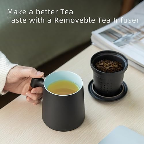 Vista 108 de ZENS Taza de té con infusor y tapa para remojar hojas sueltas, taza infusor de té de cerámica en relieve de 16.9 onzas, difusor de té con mango