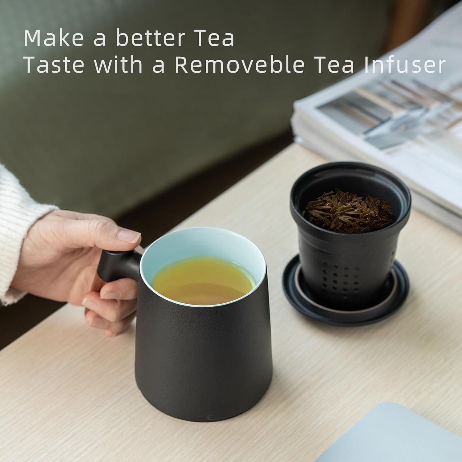 ZENS Tea Cup with Infuser and Lid for Loose Leaf Tea Steeper, 12oz Black Ceramic Tea Mug with Wood Handle for Tea Lovers Gifts, view 2