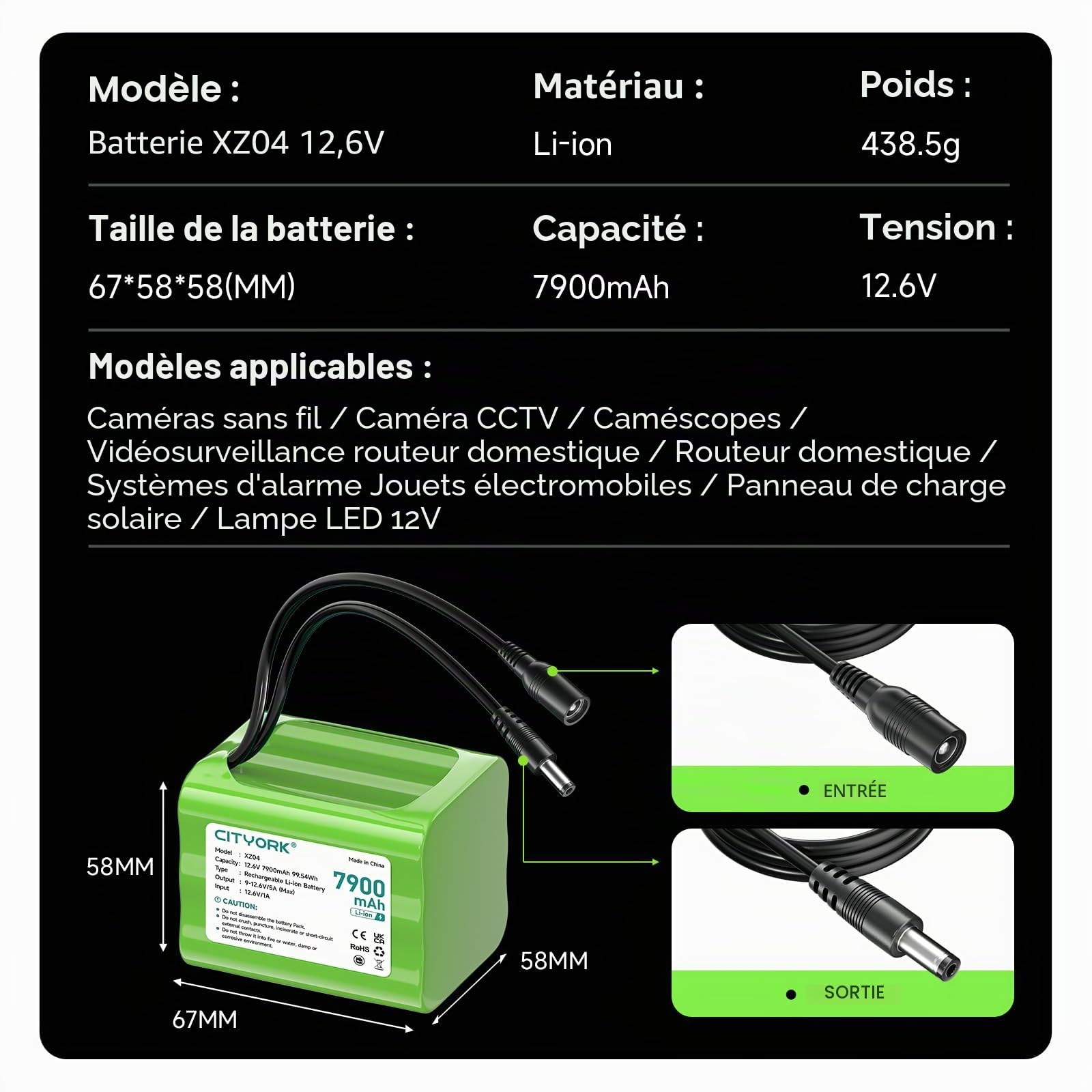 CITYORK 12,6 V 7900 mAh Batterie au Lithium Rechargeable pour Lampes solaires de Rue, caméras de vidéosurveillance, caméscopes, Lecteurs CD, DVD Portables, Enceinte Portable d'extérieur, Radio