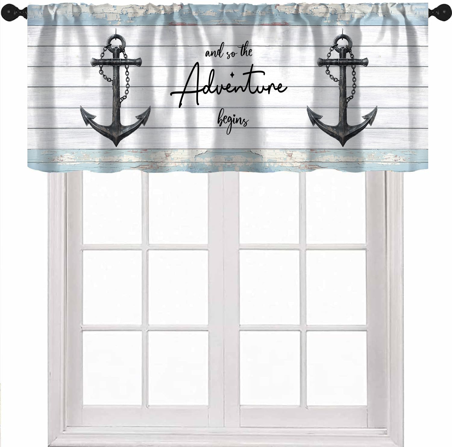 Dkmqqul Nautical-4 Nautical Anchor Valance Curtains, Rustic Wooden Plank Coastal Ship Anchor Farmhouse Small Short Valances For Kitchen Living Room Bedroom, 54X18 Inch