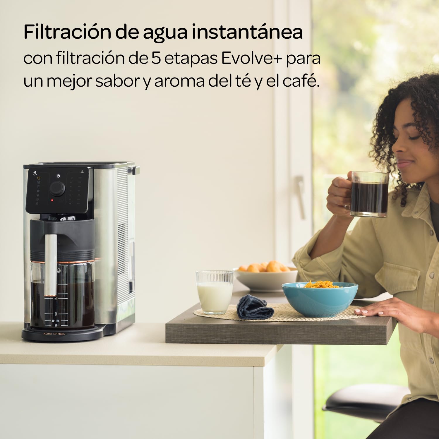 Aqua Optima Máquina de café por goteo Aurora con agua filtrada y dispensador instantáneo. Incluye filtro Evolve+ de 30 días. Ahorro de energía, ajuste de temperatura y cantidad de agua. Plug & Go.