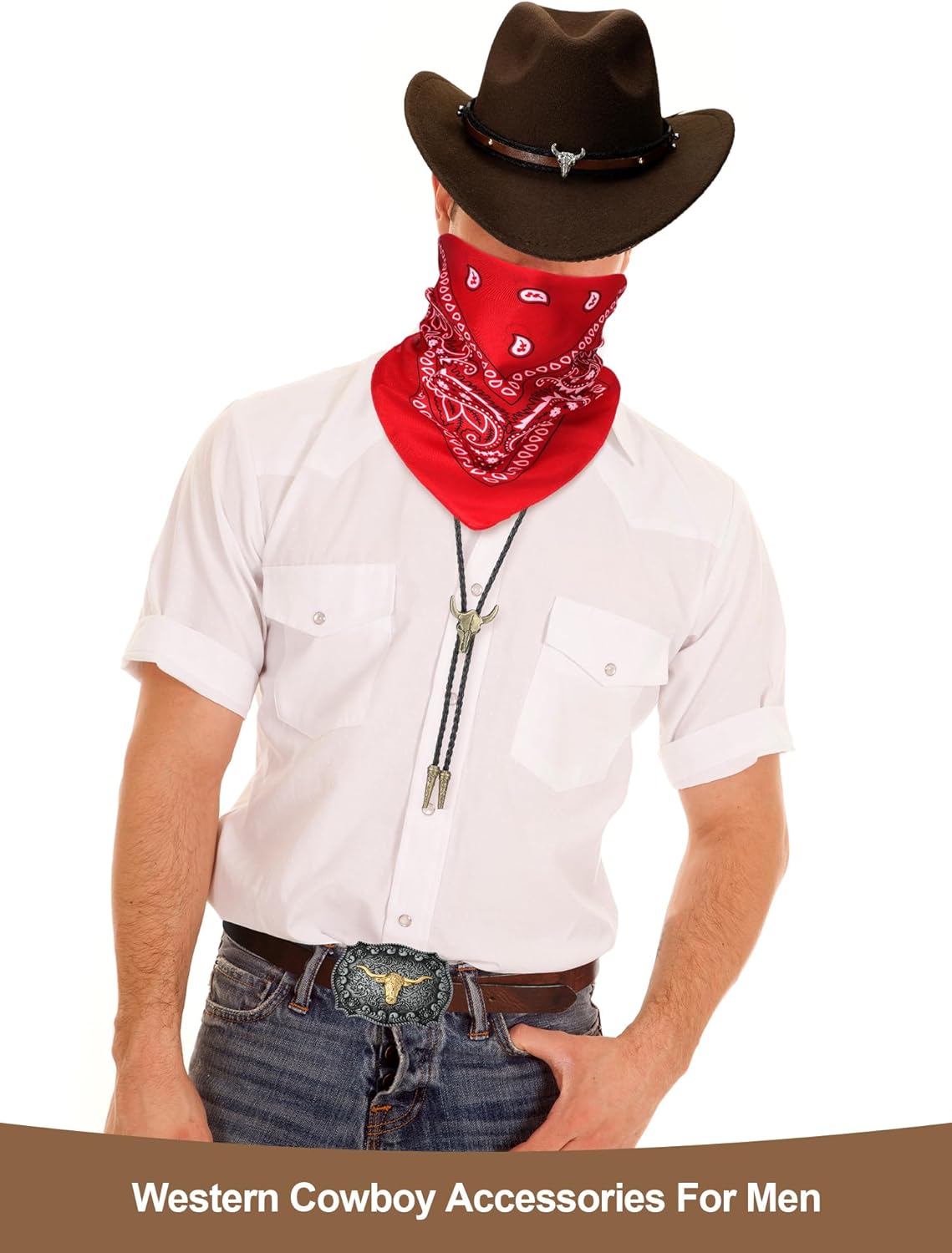 Toulite 4 Pcs Western Cowboy Accessories for Men Cowboy Hat Leather Rodeo Leather Necktie Cow Horn Belt Buckle Paisley Bandana for Western Outfit Halloween Cosplay - Image 2