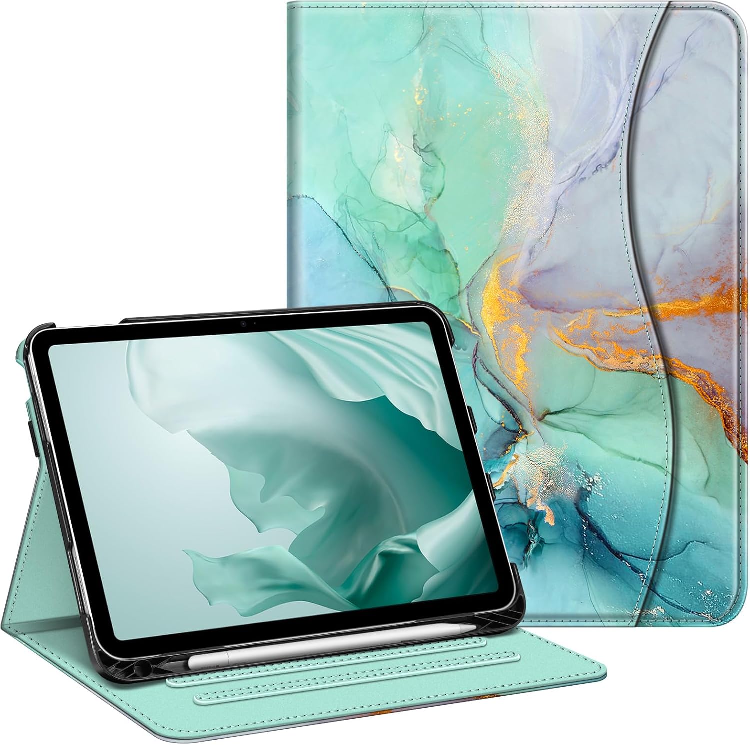 Fintie Case for iPad (A16) 11th Generation 11 Inch (2025), iPad 10th Generation 10.9 Inch (2022), Multi-Angle Viewing Protective Stand Cover with Pencil Holder & Pocket, Emerald Marble