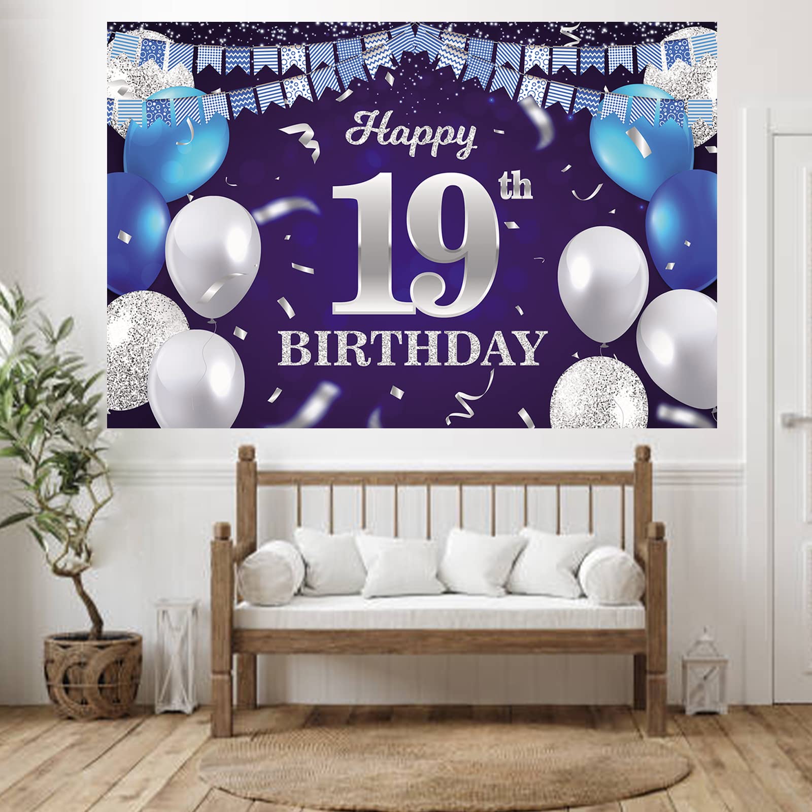 19. Geburtstag Dekoration Set – Blaue Wimpelkette „Happy 19th Birthday“ & Wirbel