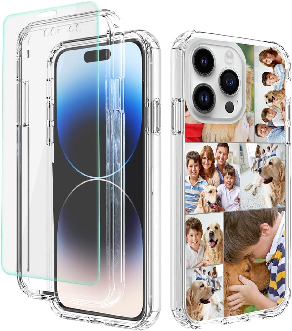 Custom Phone Case for iPhone 14 Pro Max,Bumper Phone Case Multi-Picture Collages Personalized Photo Case Heavy Duty with Screen Protector 3 in 1 Military Grade Full Body Clear Protective Phone Cover E