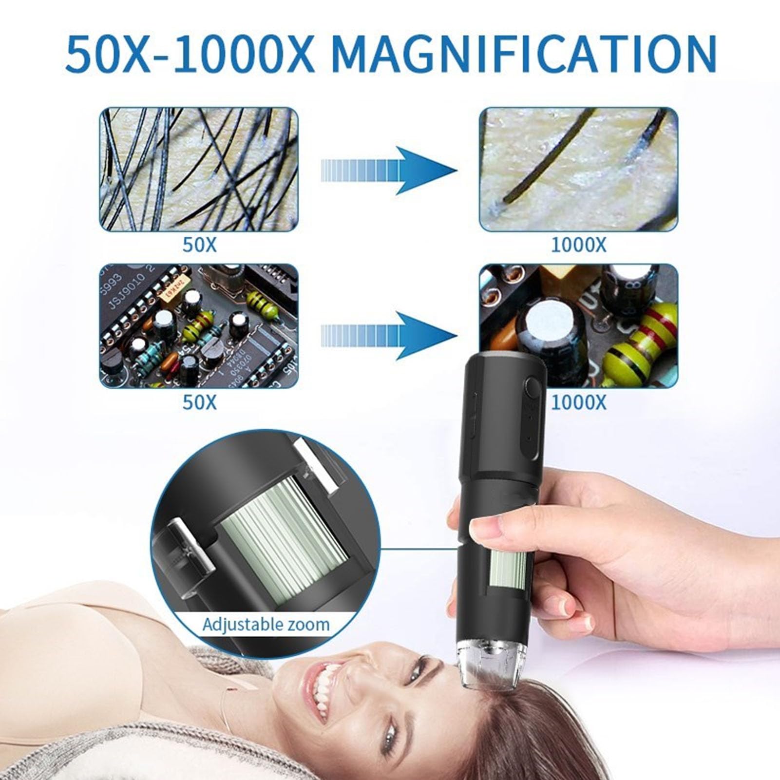 Microscopio Digital Inalámbrico 50X-1000X, WiFi Portátil Mini USB Microscopio Cámara Lupa para Teléfono y Computadora, para Placa de Circuito Electrónico del Cuero Cabelludo