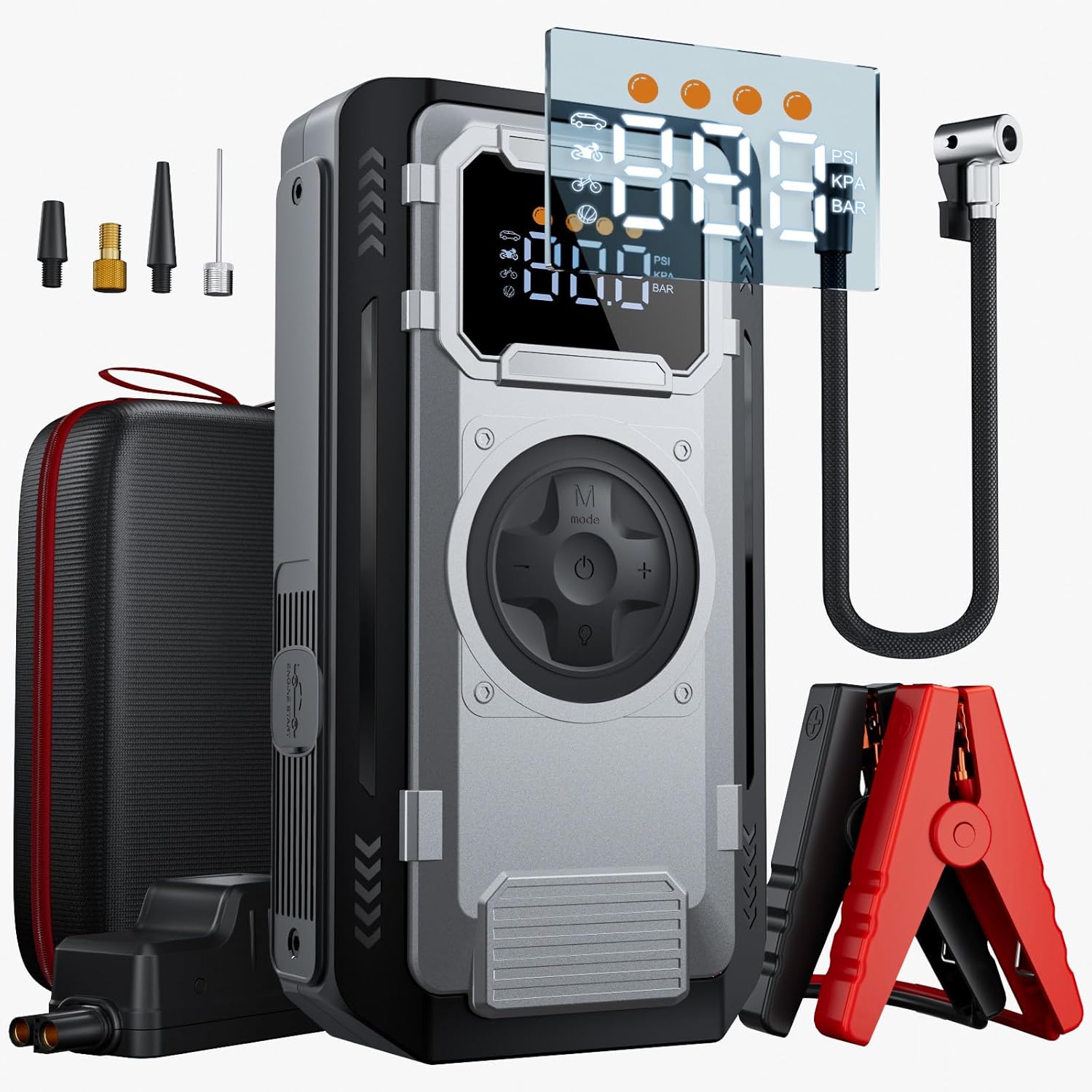 6000A Jump Starter with Air Compressor,150PSI Car Battery Tire Inflator (All Gas/10.0L Diesel Engines),12V Car Battery Jump Box with Jumper Cables, LCD Display, LED Light,Power Bank