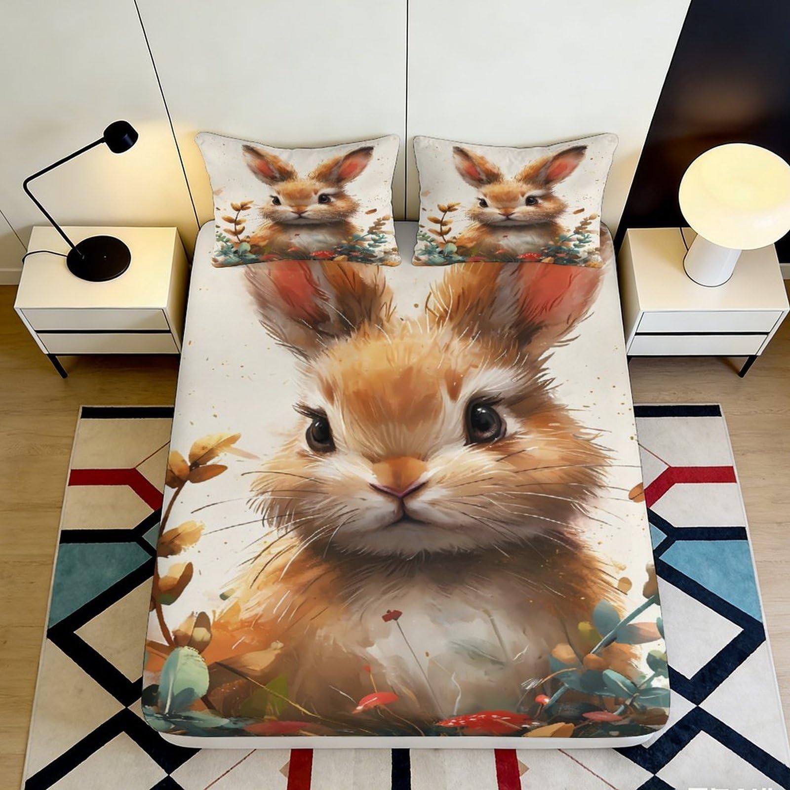 3D Printed Cute Bunny Fitted Sheet Microfiber Soft Animal Mattress Cover for Bedroom Guest Room Dorm Decor Easy Care 90x200x25cm