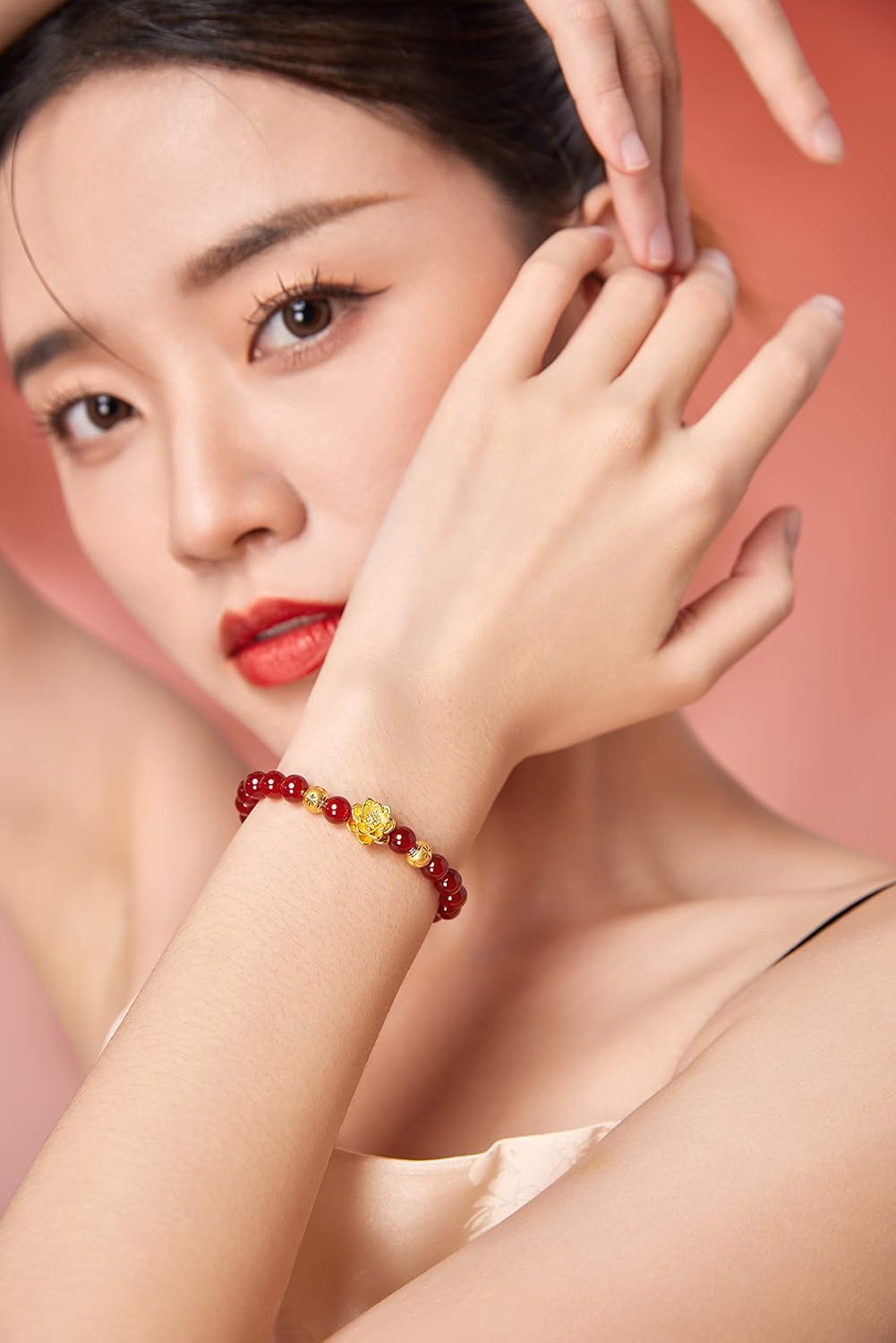 24K Gold Bracelet for Women Lotus Stretch Bracelets Flower Charm Natural Agate Beaded Chain Adjustable Healing Stone Bangle Dainty Stackable Link Trendy Ball Cuff Floral Jewelry Chakra Solid Gold Gift