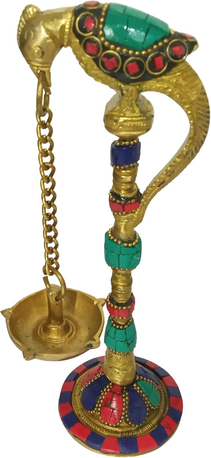 Aakrati Devyom Devyom Brass Peacock Oil Lamp: Hanging 5-Diya Deepam with Gemstones (11577A)