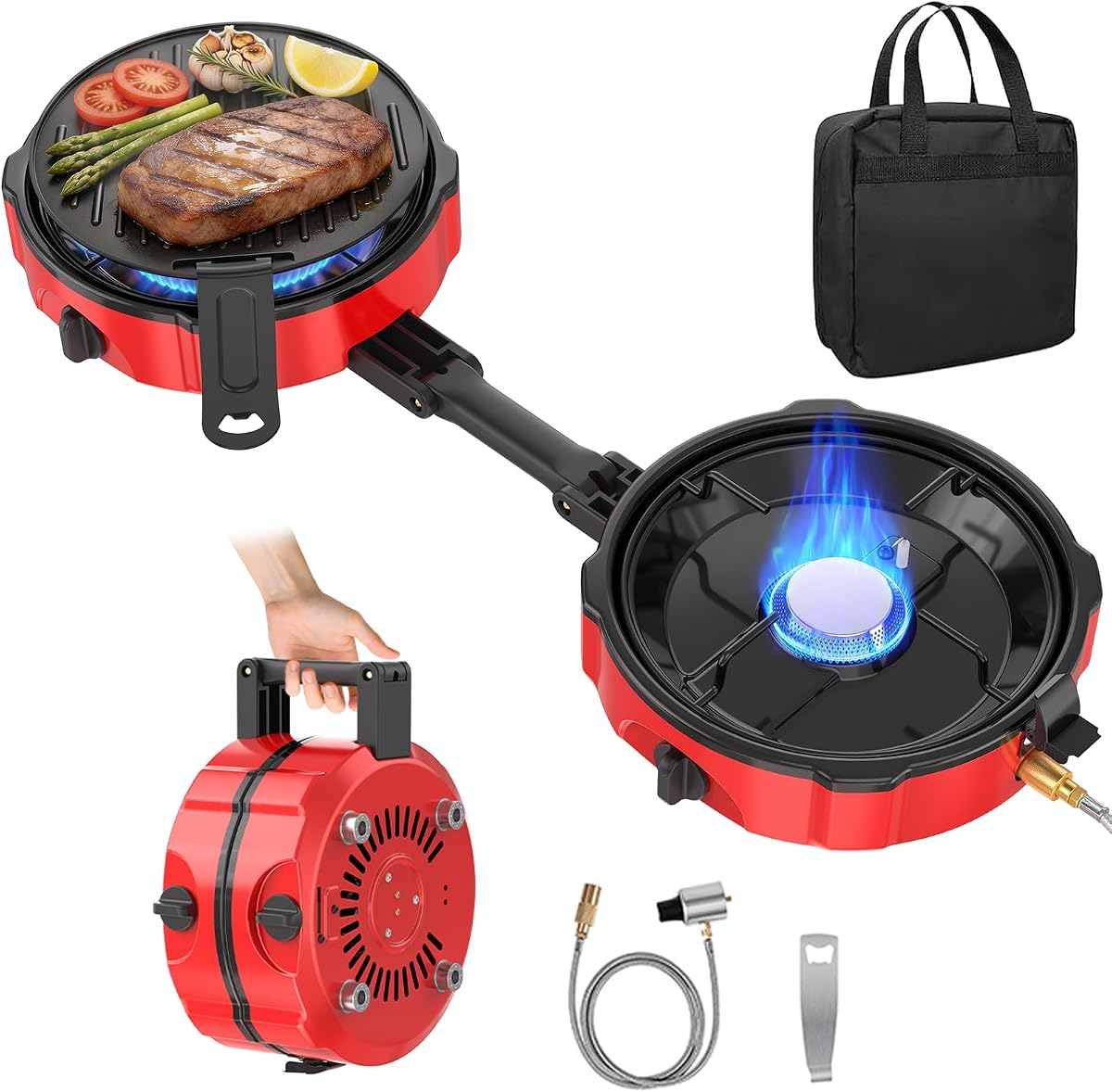 Estufa de camping de propano de 2 quemadores, estufa de campamento portátil plegable de 20000 BTU con encendido piezoeléctrico y quemadores ajustables, cocina de gas al aire libre con bolsa de transporte para camping, vehículos recreativos, portón trasero y uso de emergencia