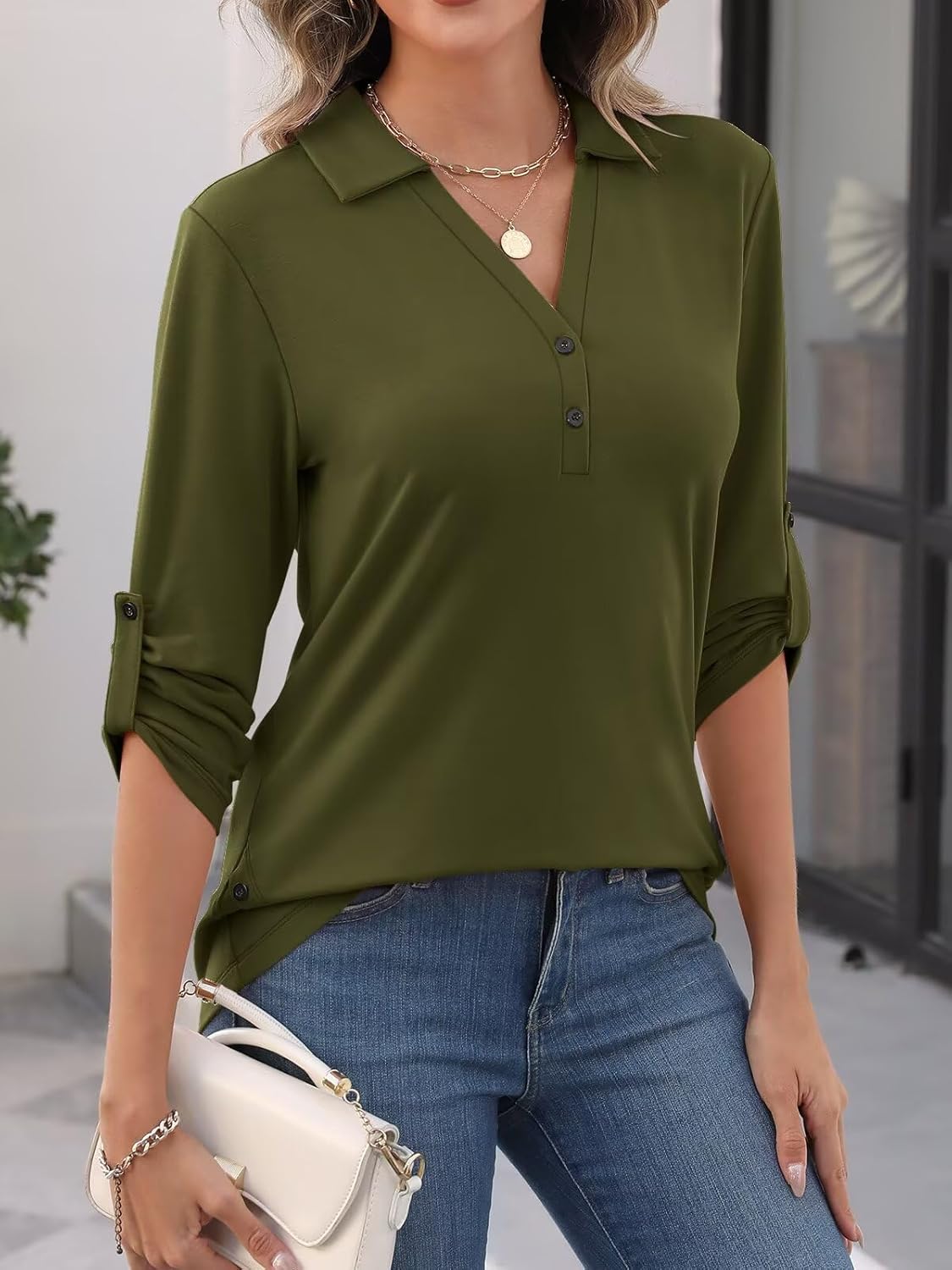 Women's 3/4 Length Rolled Sleeve Tunic Tops Collared V Neck T Shirts Both Side Buttons Blouses - Image 3