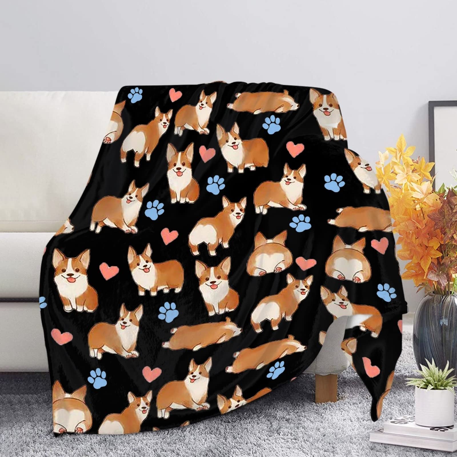 Wanyint Corgi Throw Blanket Flannel Blankets Cute Puppy Dog Brown Animal Flannel Polyester Blanket All Season Fit, Black Blanket for Sofa Couch Bed
