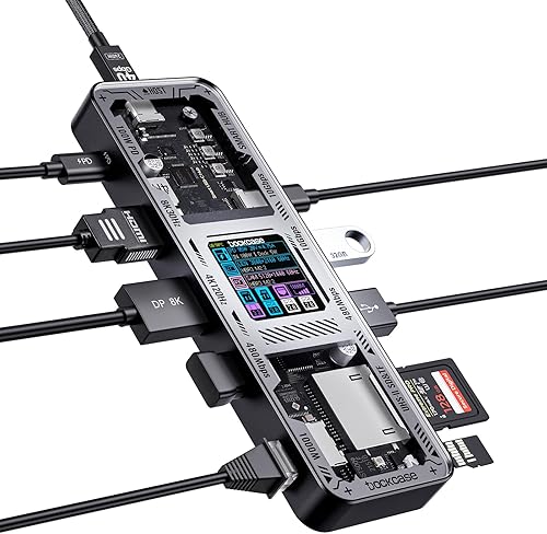 DOCKCASE Hub USB C Explorer Edition (10 en 1) con HDMI y DP de 4K a 60 Hz, Gigabit Ethernet, 1 USB-C y 3 puertos USB-A, entrega de energía de 100 W,