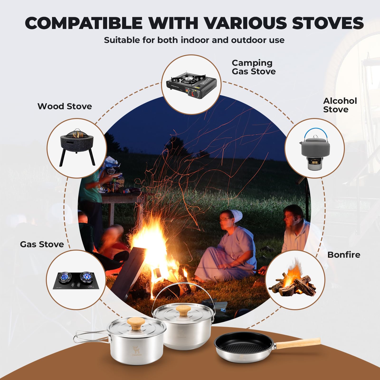 Kit de Utensilios de Cocina para Camping, 11 Piezas Ollas, Sartenes, Tazones y Tazas de Acero Inoxidable, Apilable con Bolsa de Almacenamiento para Senderismo, Acampada y Aire Libre