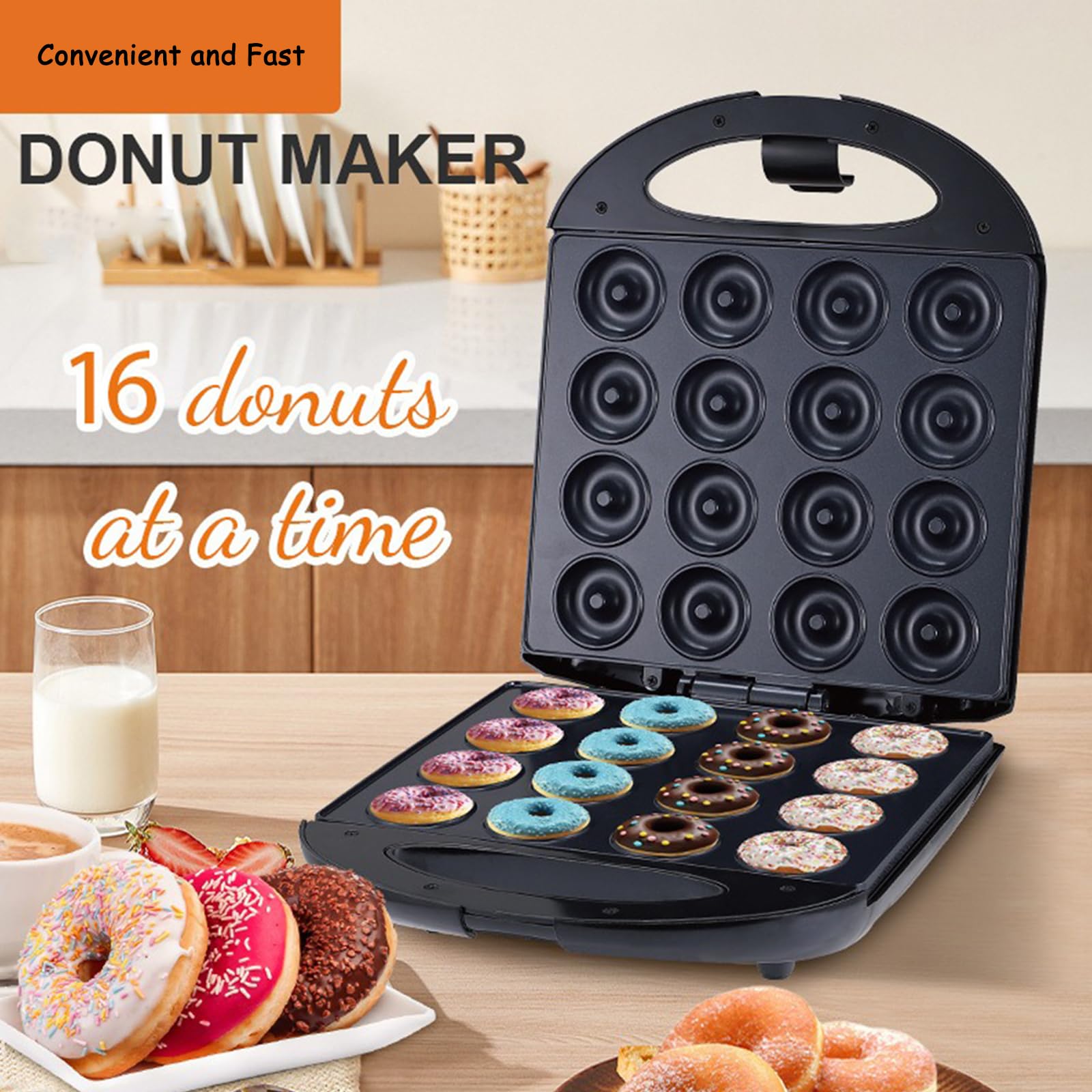 Machine à Donut 1400W, Appareil à Beignets, Donut 16 trous, Plaques chauffantes antiadhésives, Cuisson au four DIY
