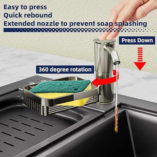 Miniatura 4 de Dispensador de jabón para fregadero de cocina con estante de esponjas, dispensador de jabón de plástico ABS en mostrador con kit de tubo de