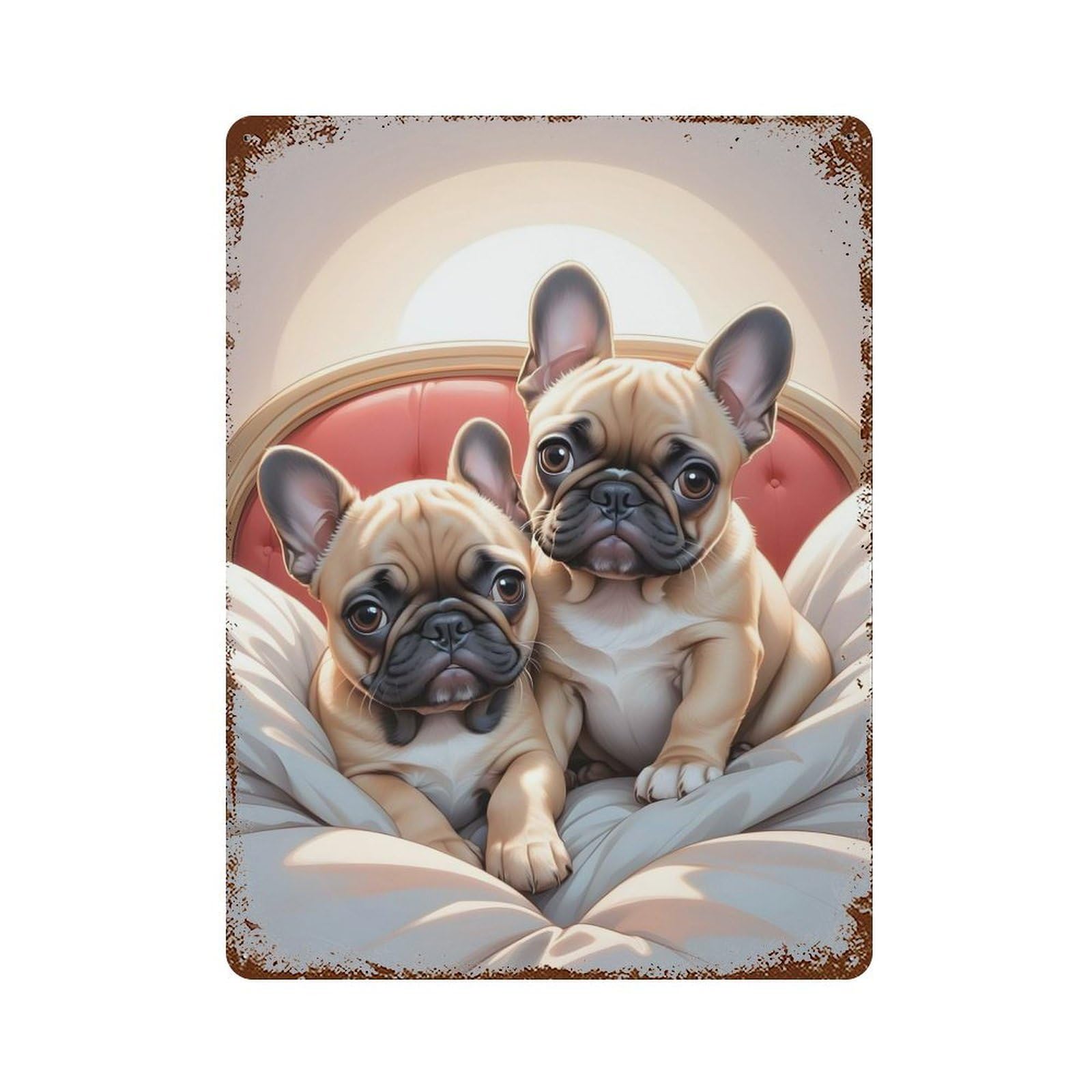 French Bull Puppies Vintage Wall Sign 15.7"x11.8", Rust Effect Metal Decor for Farmhouse, Kitchen And Entryway Decor