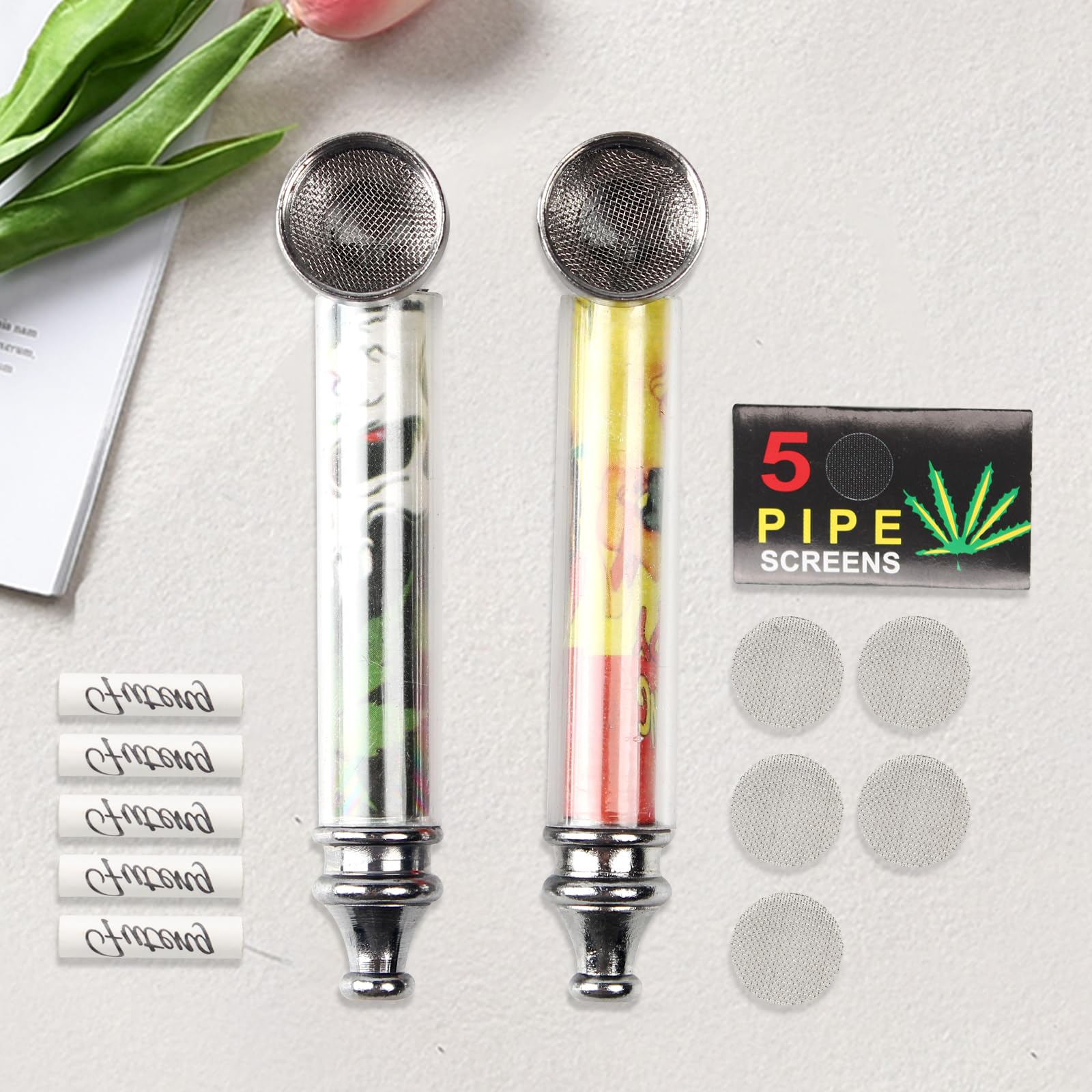 Zestaw 2 fajek, przenośny mini uchwyt na fajkę z 10 filtrami ze stali nierdzewnej i filtrem z węglem aktywnym 10 x 6 mm, fajka do palenia wyrobów tytoniowych