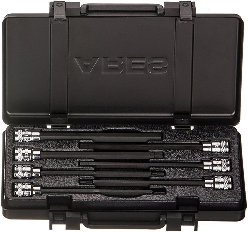 ARES 70224 - Extra Long Metric Hex Bit Socket Set - S2 Bit Provides Greater Torque - Premium Metal Storage Case - Heat Treated Chrome Vanadium Steel Sockets