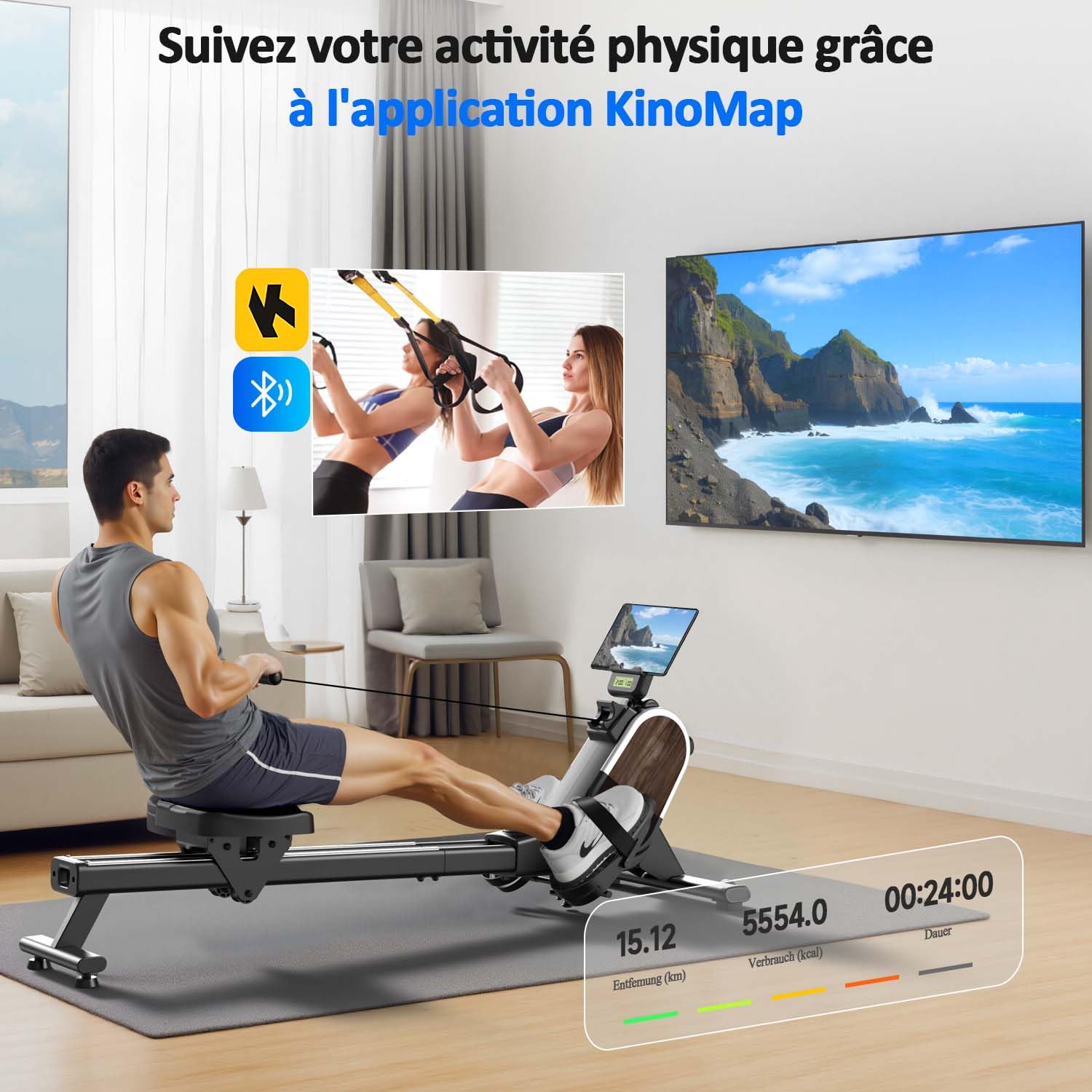 CHAOKE Rameur Magnétique D'appartement, Rameur Bluetooth avec écran LCD, 16 Niveaux de Résistance, Rails Doubles Améliorés, Silencieux, Idéal pour l’Entraînement Cardio à Domicile, Capacité 160KG