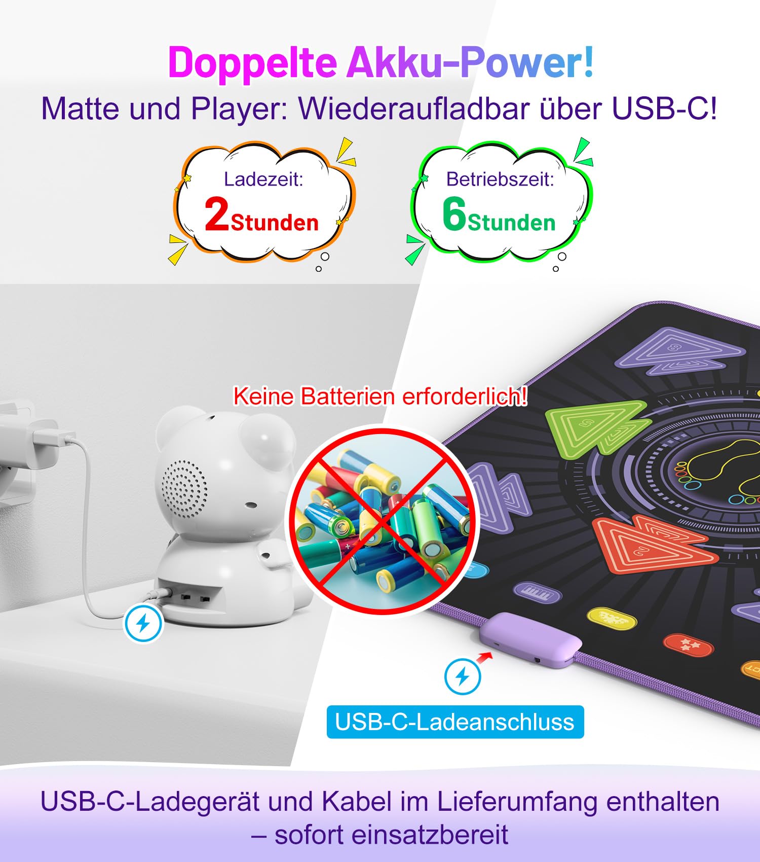 FWFX Tanzmatte Spielzeug für Mädchen Jungen: Geburtstagsgeschenke für Kinder im Alter von 3–12 Jahren, Wiederaufladbares Kindertanzmatten, Leuchtende Musikmatte mit Kabellosem Bluetooth-Musikplayer