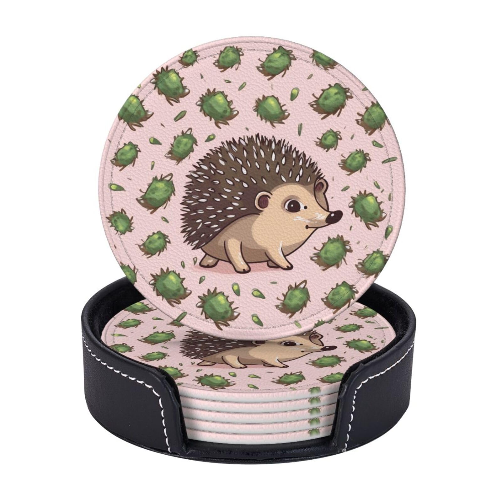 6PCS Drink Coasters with Holder, 4" Leather Coasters for Drinks, Cartoon Hedgehog Cup Coasters for Coffee Table Decor, Non-Slip Drinking Cup Mat for Hot or Cold Drink