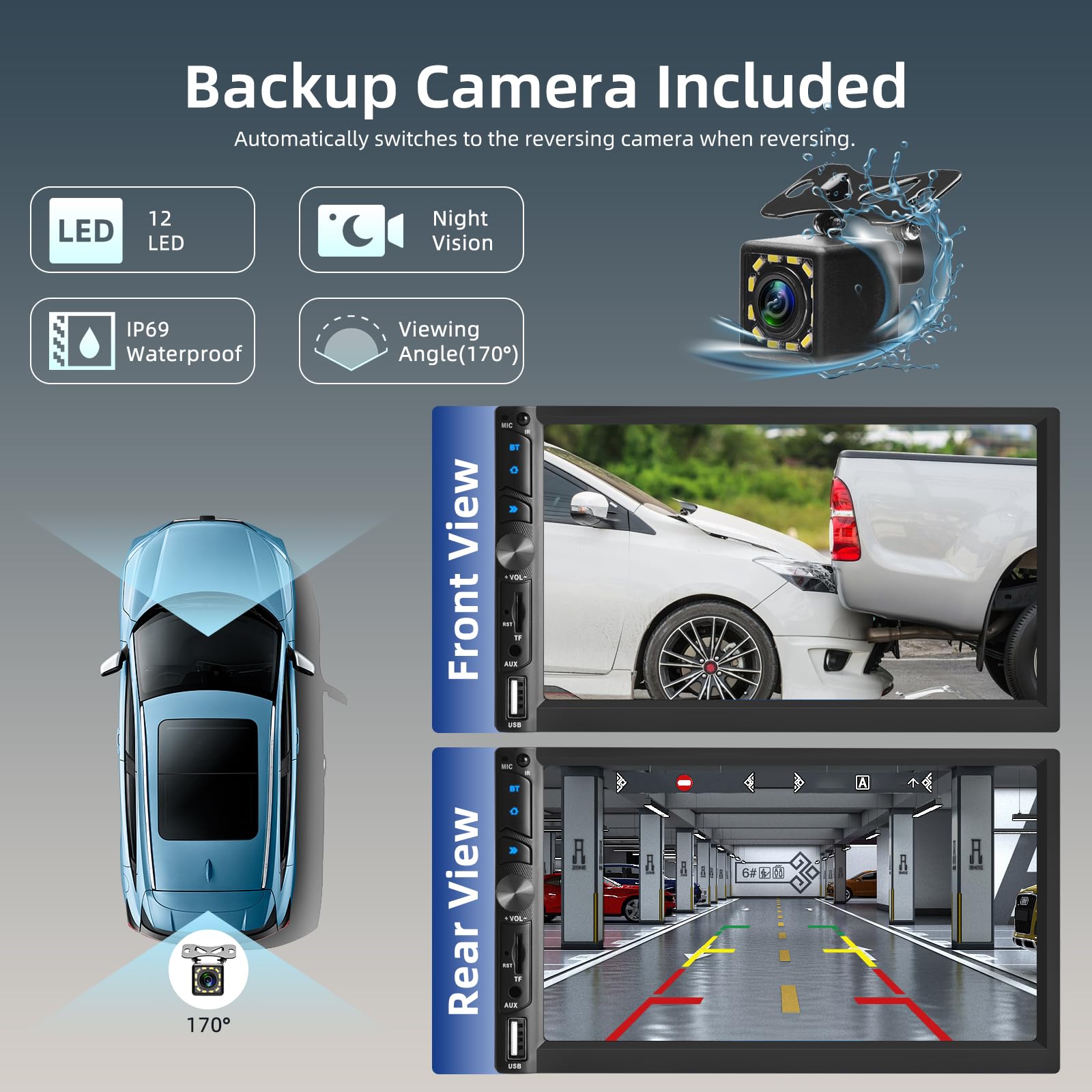 Radio de Coche 2 DIN con Carplay Inalámbrico y Android Auto - Radio de Coche con Pantalla Táctil de 7 Pulgadas con Mirror Link EQ Bluetooth Radio FM SWC AUX USB + Cámara de Visión Trasera