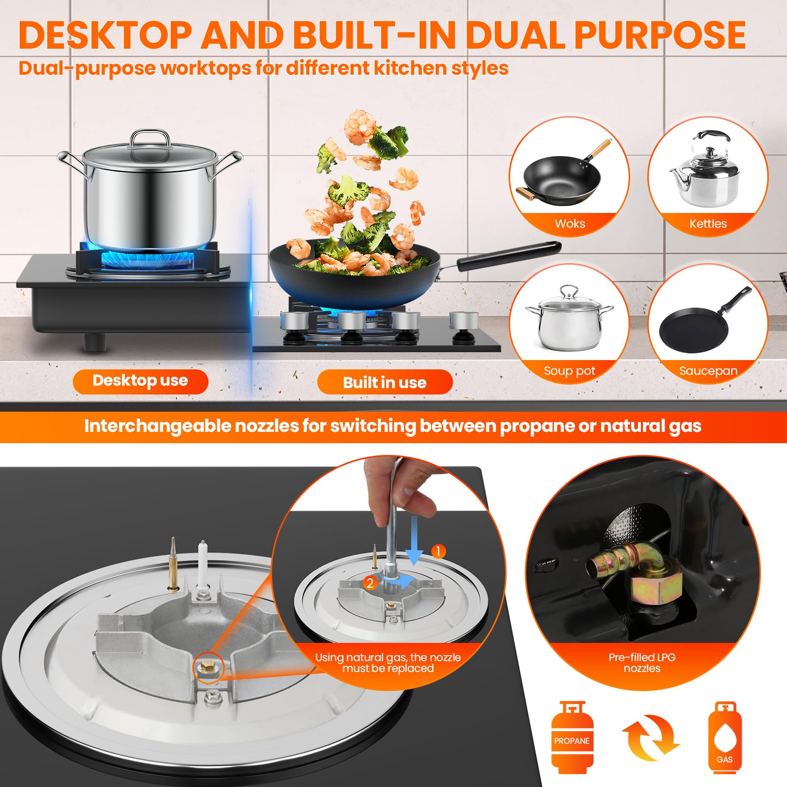 Gas Hob 4 burners, Built in Black Glass Gas Hob with Flame Out Protection,with Cast Iron Supports,NG/LPG Convertible — view 6