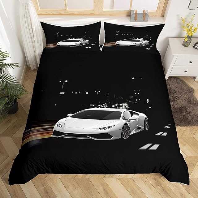 Loussiesd Race Car Bedding Set Single Size for Kids Cool 3D Car Print Duvet Cover Set Boy's Sport Comforter Cover with 1Pillow Shams Zipper Soft Microfiber 3D Speed Sports Car Bedspread Cover