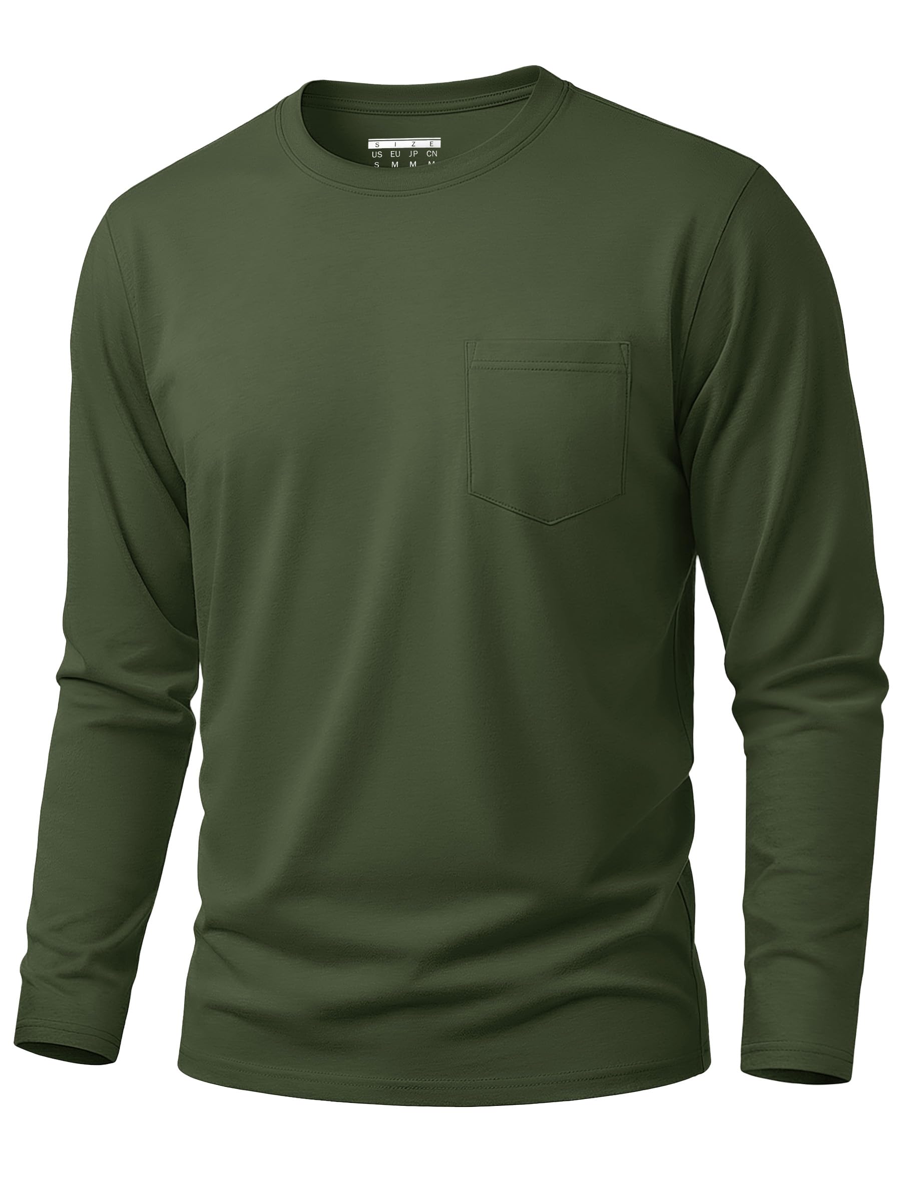 Cavva Herren T-Shirt Baumwolle Langarmshirt mit Brusttasche Rundhals Shirt | Weiches Baumwollgewebe; Praktische Brusttasche; Lässiger Basic-Stil für Arbeit und Alltagsaktivitäten