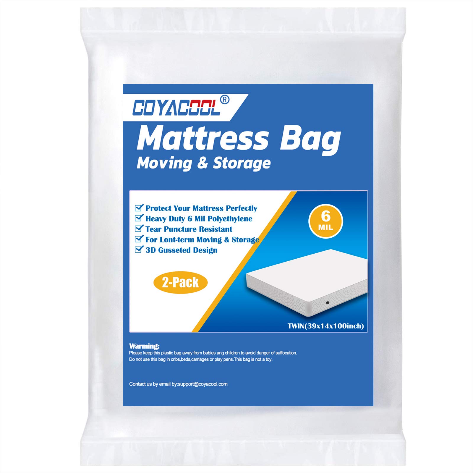Twin Mattress Bags for Moving Storage 2 Pack - 6 Mil Heavy Duty -Tear and Puncture Resistant Plastic Mattress Protector Bag for Disposal - Super Thick Mattress Cover for Moving