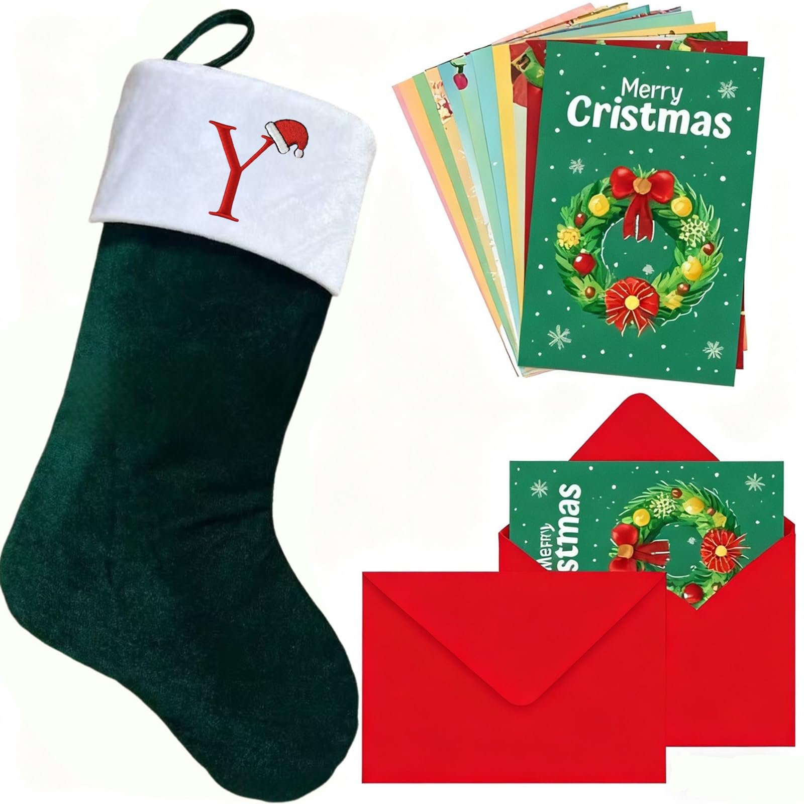 Christmas Stockings with Initials,Personalized Letters Xmas Stocking for Kids, Large Super Soft Embroidered Monogram Christmas Stocking,Holiday Family Stocking Decoration (Dark green Letter Y)