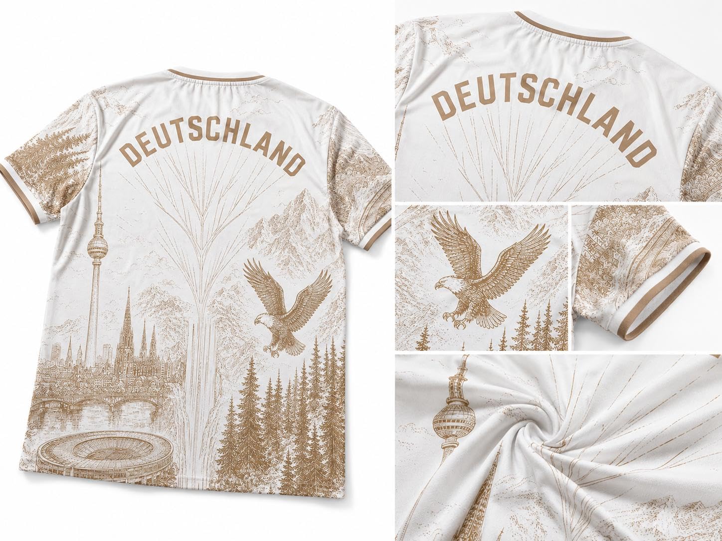Deutschland Fußball Trikot WM 2026 Herren Kurzarm Shirt, 100% Polyester, Weiß Gold Design, Fan Trikot mit Deutschland Motiv