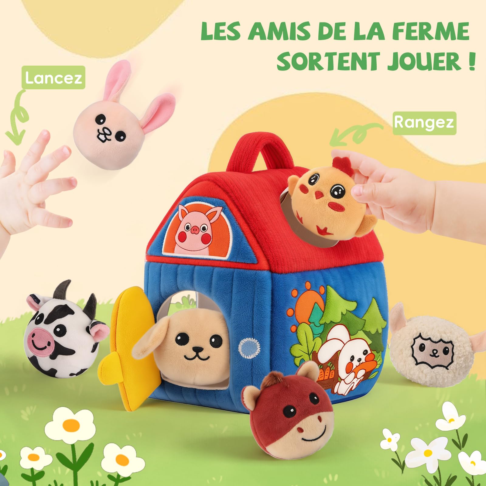SAIMAND Jouet Bebe Animaux de la Ferme en Peluche, Jeux Sensoriel Montessori avec Grange, Hochets et Miroir, Jouet d’Éveil Bébé 0-3-6-9-12 Mois, Cadeau Bébé Enfant Garçon et Fille