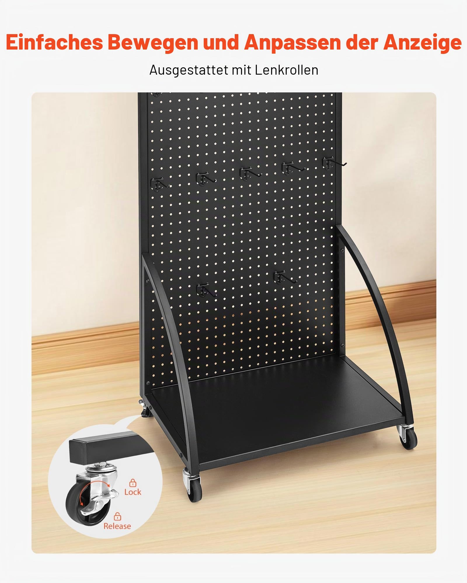 VEVOR Stecktafel Displayständer, 390x600x1770 mm, Präsentationsständer mit Rollen und 30 Haken, verdickte Tafelplatte aus kaltgewalztem Stahl für Einzelhandels- & Juweliergeschäfte, Schwarz