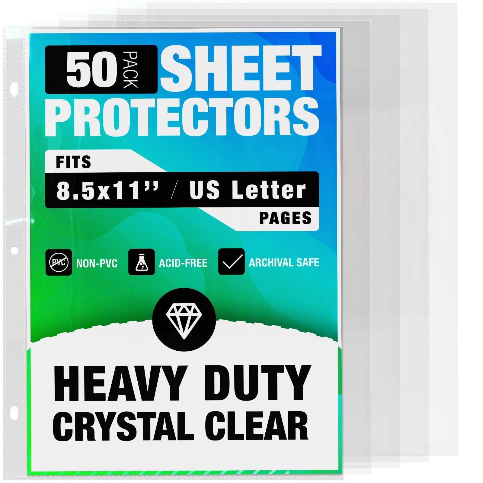 50 Pack of 8.5x11 Heavy Duty Crystal Clear Sheet Protectors for 3 Ring Binder, Plastic Page Sleeve Protectors for Paper Document (50 Pack, 8.5 x 11''