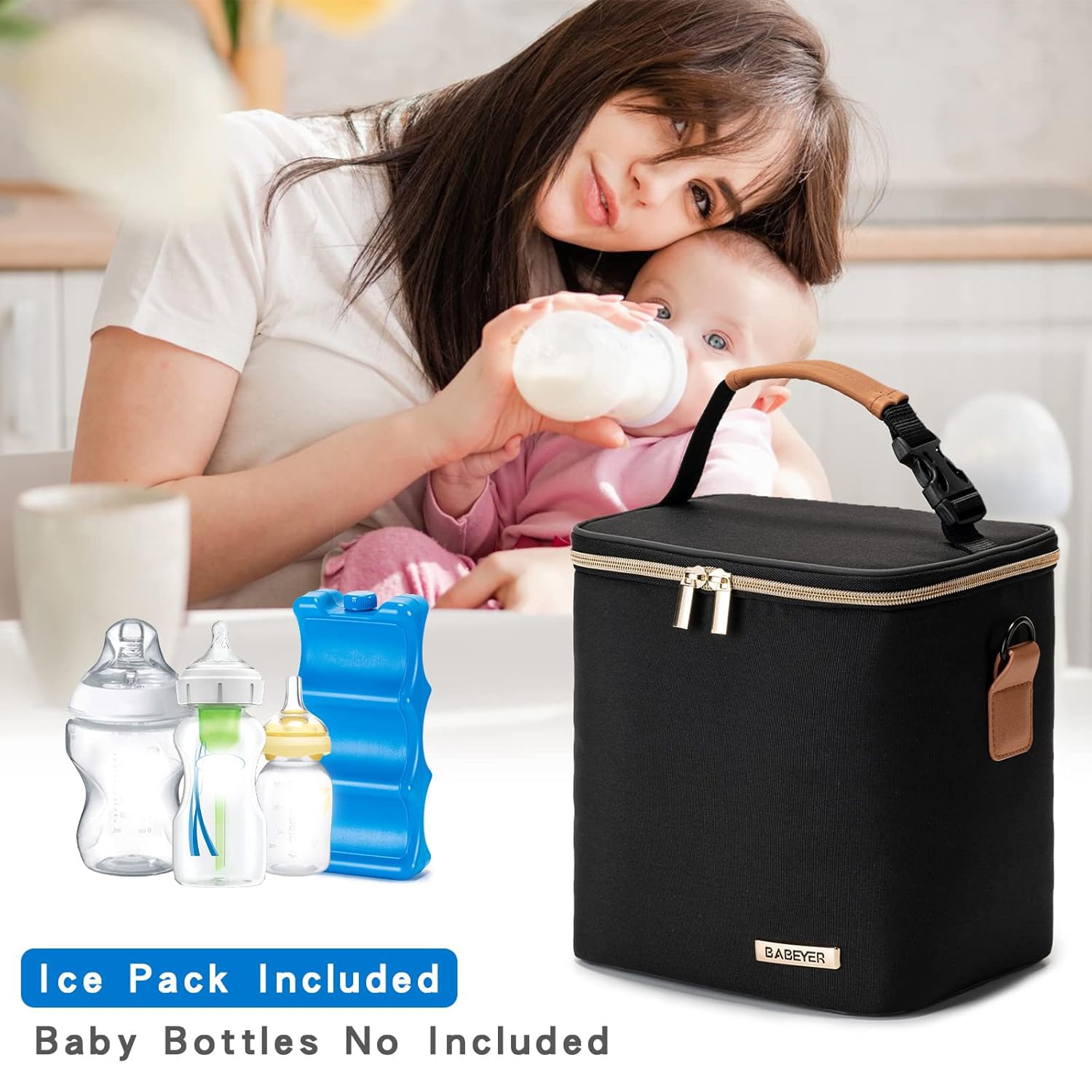 Breastmilk Cooler Bag with Ice Pack Fits 6 Baby Bottles Up to 9 Ounce, Baby Bottle Bag with Shoulder Strap for Nursing Mom Daycare, Black - Image 6