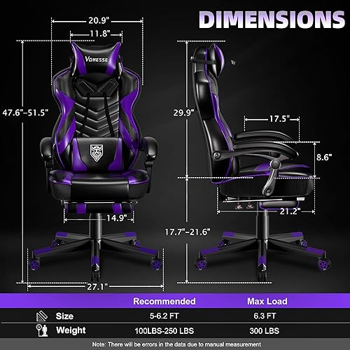 Miniatura 3 de Vonesse Silla de juegos, silla de juegos grande y alta con reposapiés y masaje, sillas de juegos para adultos con soporte lumbar, silla ergonómica
