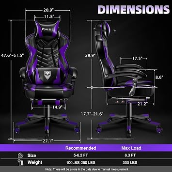 Vonesse Gaming Chair, Big and Tall Gaming Chair with Footrest and Massage, Gaming Chairs for Adults with Lumbar Support, Ergonomic High Back Computer Chair with Pocket Spring Cushion (Purple/Black)