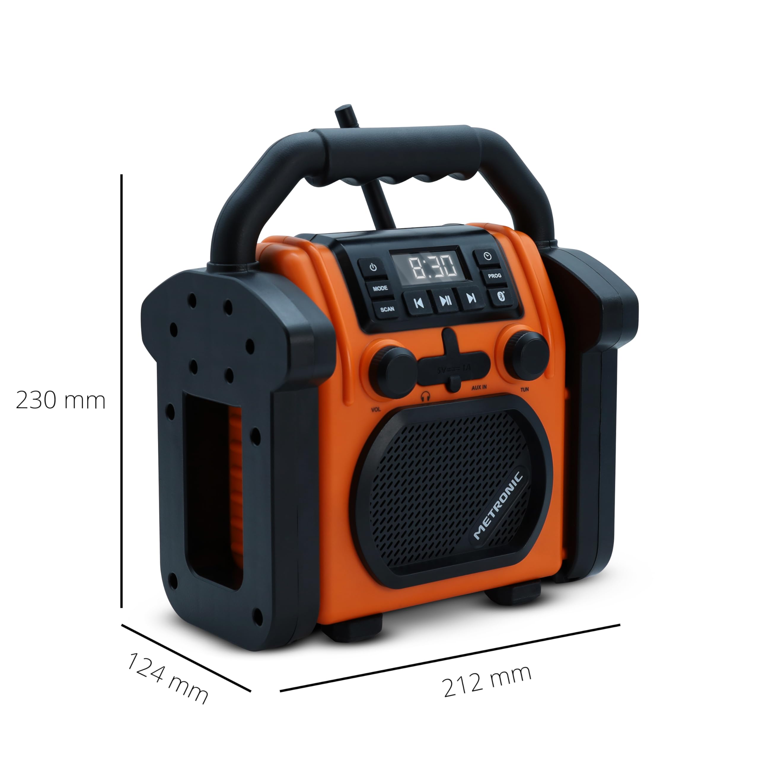 METRONIC 477227 Radio de Chantier FM Bluetooth avec Batterie Rechargeable de Secours - Robuste Résistante aux Chocs, à la poussières, aux éclaboussures - Orange