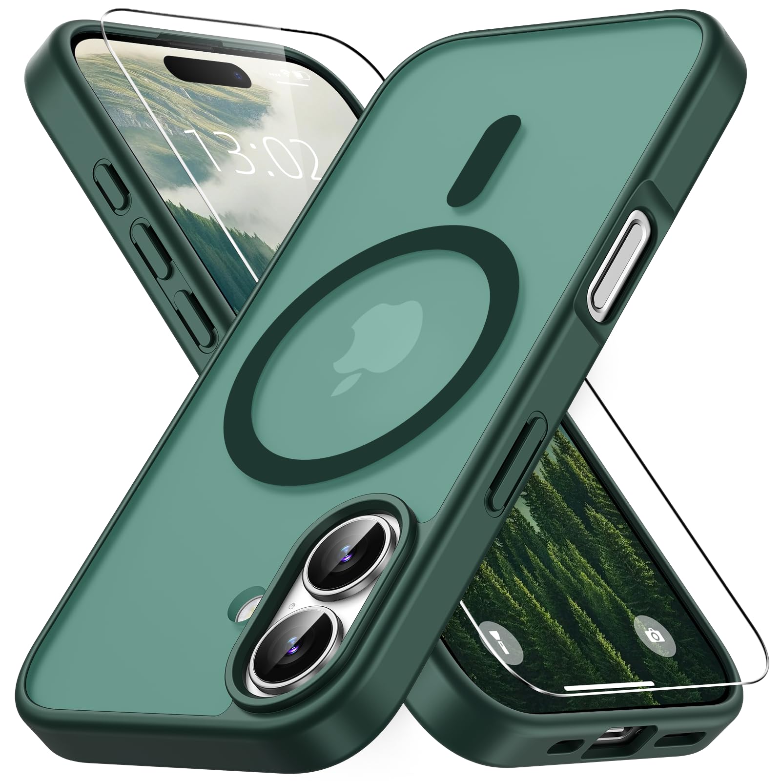 Vansdon Cover Magnetica per iPhone 17 con 1 Pezzi Vetro Temperato, Compatibile con Magsafe, Protezione anticaduta di livello militare, Custodia Traslucida Opaca Sottile Antiurto-Verde Foresta