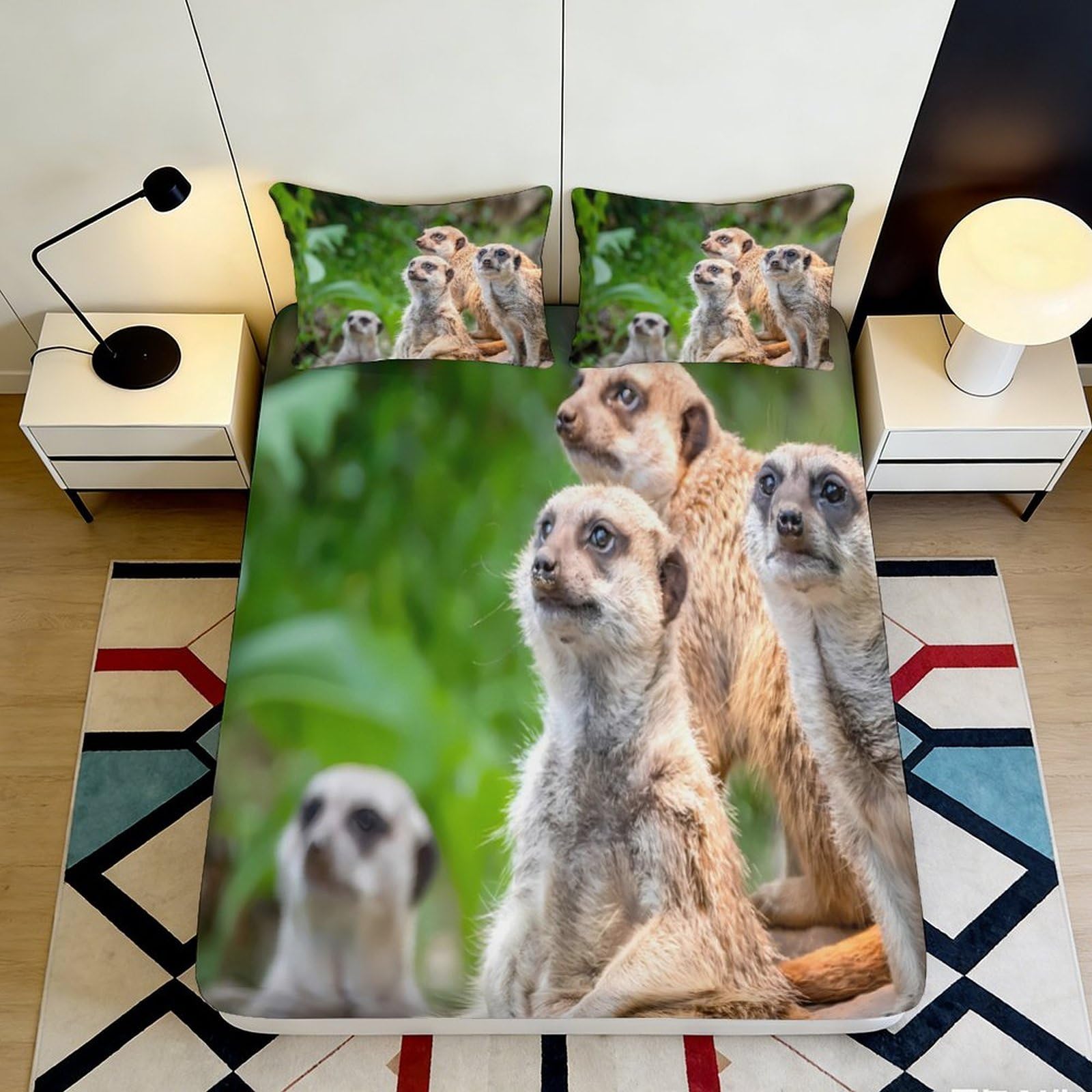3D Printed Meerkat Wildlife Fitted Sheet Microfiber Soft Breathable Savannah Animals Bed Cover for Bedroom Dorm Decor 90x200x25cm