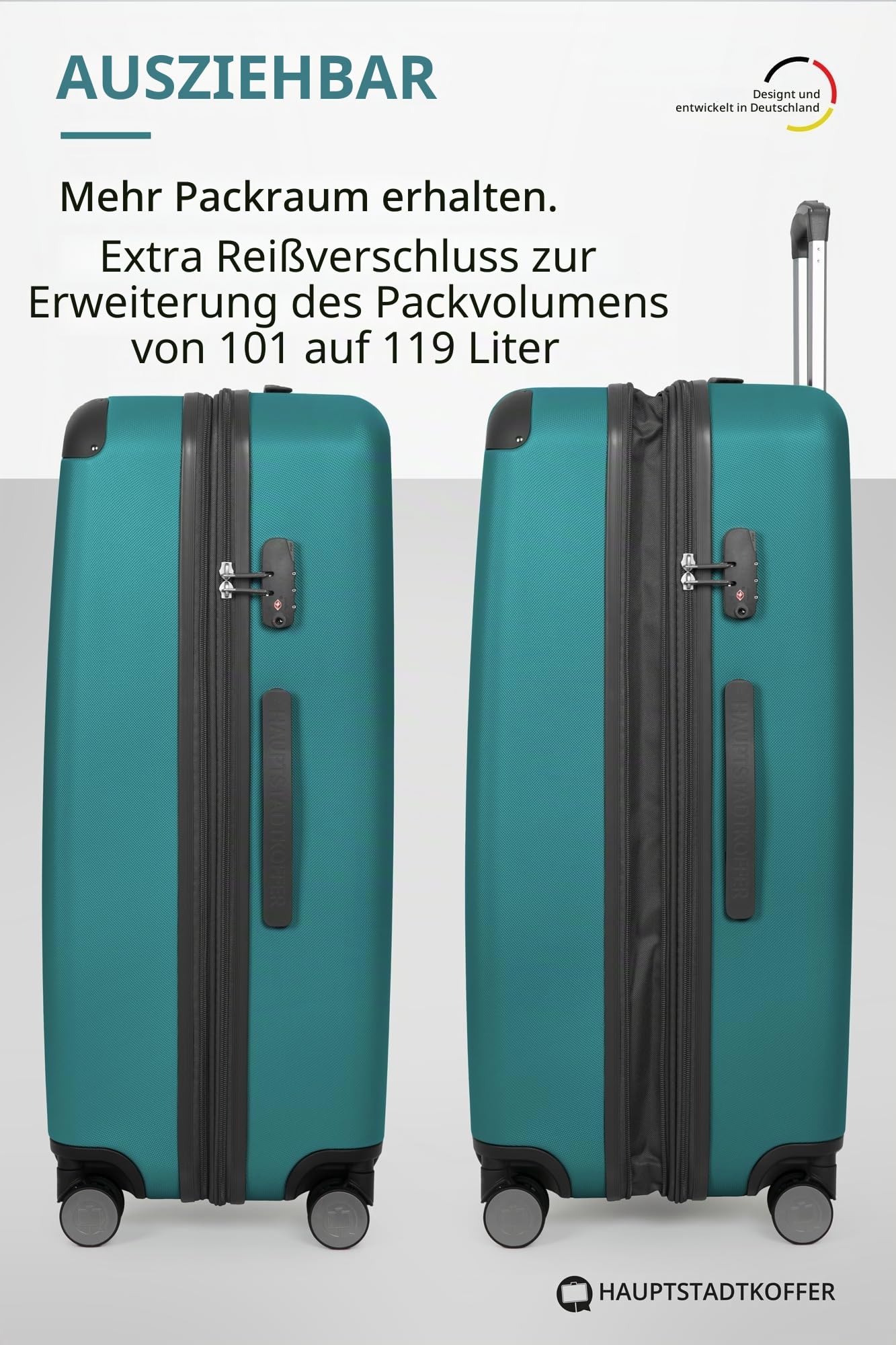 Hauptstadtkoffer Spree - Großer Hartschalen-Koffer + Digitaler Kofferanhänger, TSA, 4 Doppel-Rollen, Trolley, Rollkoffer, Reisekoffer, Volumenerweiterung, 75 cm, 119 Liter, Aquagrün