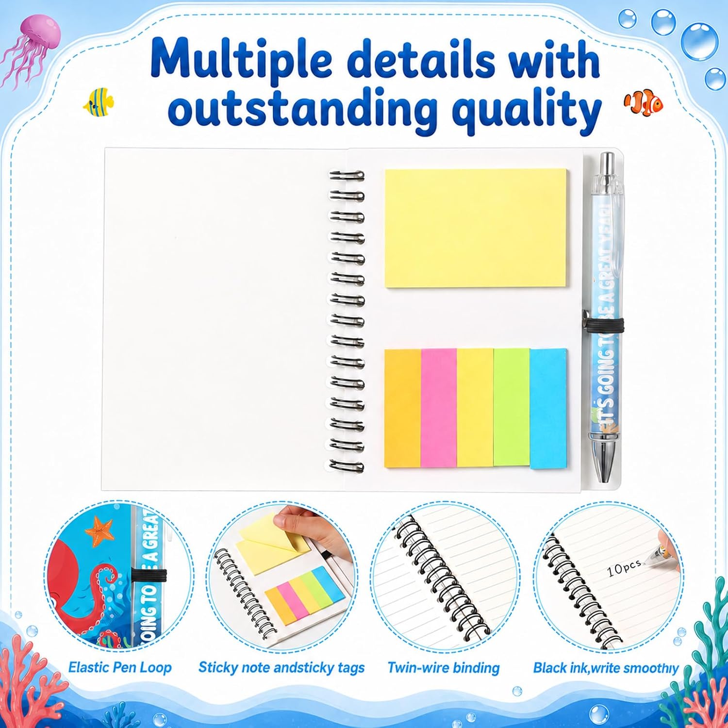 Wiooffen 20 Pcs Cute Ocean Themed A6 Pocket Spiral Notebooks with Sticky Notes and Pens Sea Animal Welcome Back Gift Bulk Teachers Giveaways Rewards for Welcome Back First Day Party Favors image 3