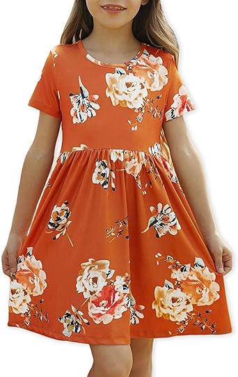 Amazon Com Kymidy Girls Floral Dress Kids Short Sleeve Boho Casual Swing Skater Midi Dress With Pockets 6 13 Years Clothing Shoes Jewelry