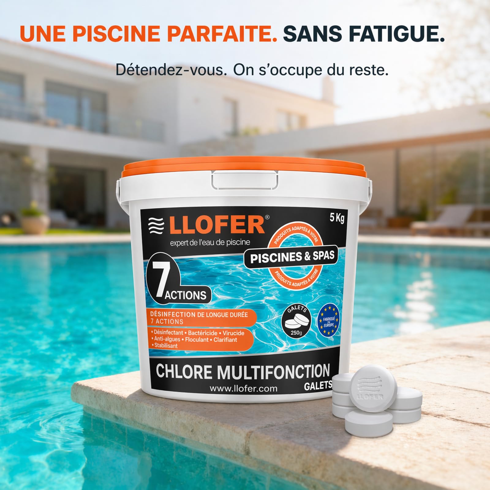 Chlore Multifonction en Galet de 250g - 5kg Total - Désinfection Longue Durée 7 Actions: désinfectant, bactéricide, virucide, Anti-algues, floculant, clarifiant et stabilisant.