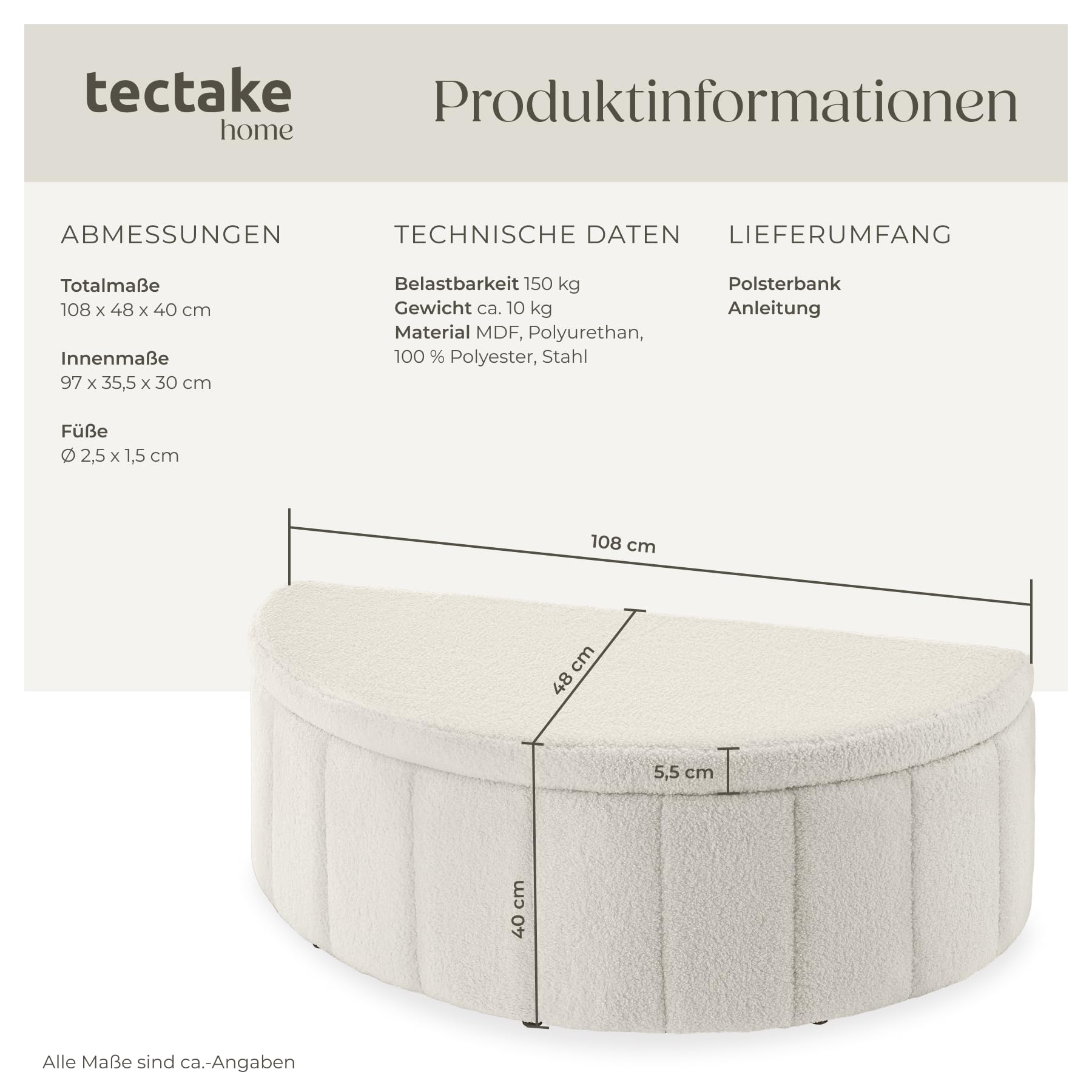TecTake® Polsterbank, 108 x 48 x 38,5 cm, mit Stauraum, 150 kg belastbar, Polsterdeckel mit Gasdruckfeder, Sitzbank, Komfortbank, gepolsterte Bank, Polster Sitzbank, Bank mit Polster - Bouclé Creme