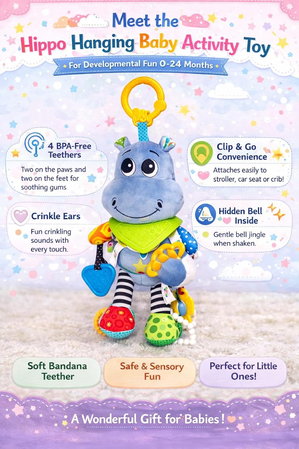 Balibazoo Hippo Hanging Baby Activity Toy – Soft Plush Sensory Toy with 3 BPA-Free Silicone Teethers, Crinkle Ears & Hidden Bell | Clip for Stroller and Car Seat | Developmental Toy 0-24M | Gift