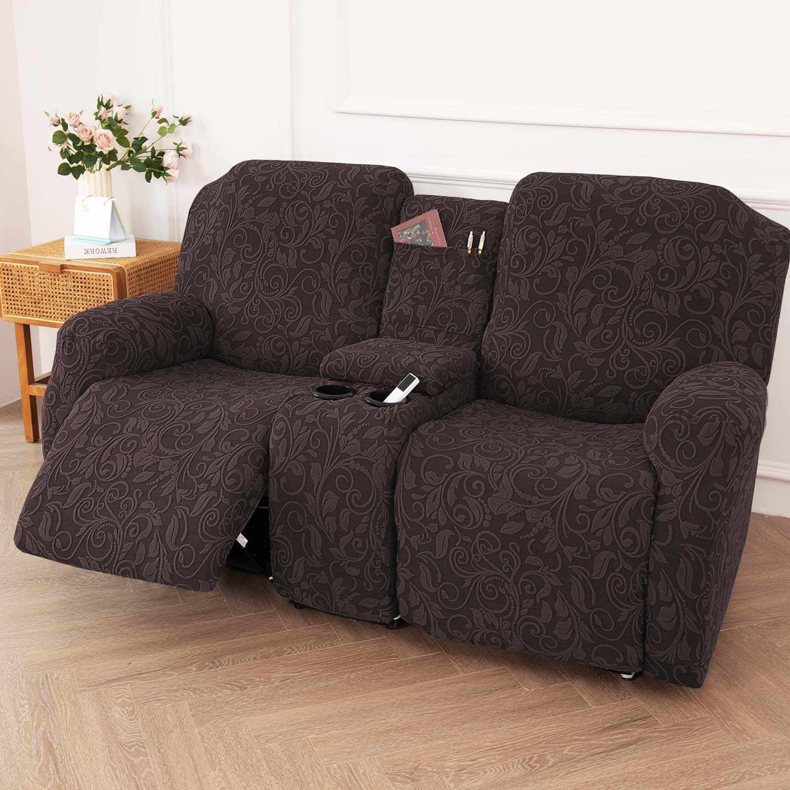 LiveGo Recliner Covers, Stretch Reclining Chair Covers, Recliner Sofa Slipcovers Stripe Jacquard Recliner Couch Covers Furniture Protector Covers for Pet Kid (Chocolate, 2 Seater+Center control)